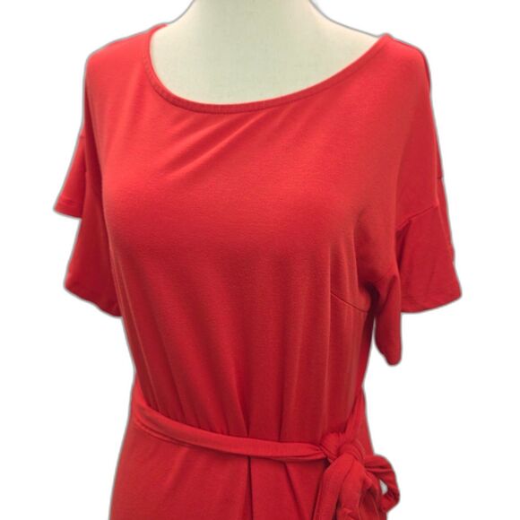 LOFT Flowy Red Midi Dress w/ Tie Belt | Size 8 - Picture 2 of 7
